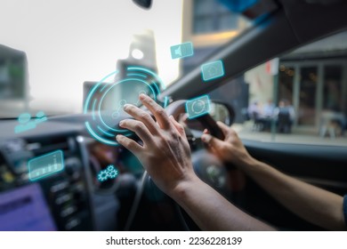 futuristic vehicle and graphical user interface(GUI). intelligent car. connected car. Internet of Things. Heads up display(HUD).