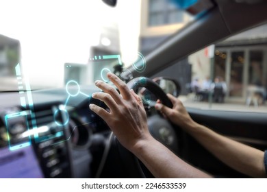 futuristic vehicle and graphical user interface(GUI). intelligent car. connected car. Internet of Things. Heads up display(HUD).