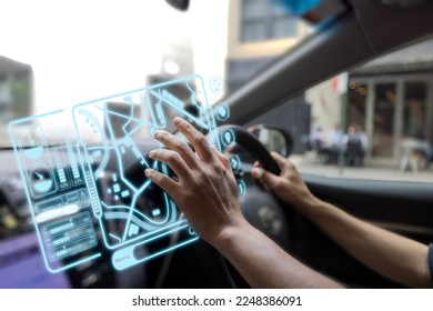 futuristic vehicle and graphical user interface(GUI). intelligent car. connected car. Internet of Things. Heads up display(HUD).