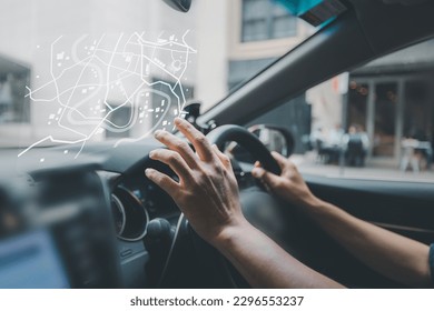 futuristic vehicle and graphical user interface(GUI). intelligent car. connected car. Internet of Things. Heads up display(HUD)
