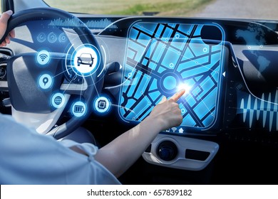 Futuristic Vehicle And Graphical User Interface(GUI). Intelligent Car. Connected Car. Internet Of Things. Heads Up Display(HUD).