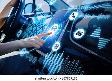 futuristic vehicle and graphical user interface(GUI). intelligent car. connected car. Internet of Things. Heads up display(HUD). - Shutterstock ID 657839185