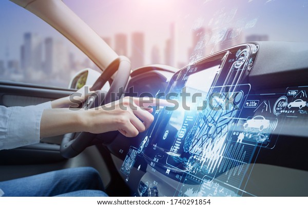 futuristic vehicle and graphical user\
interface(GUI). intelligent car. connected car. Internet of Things.\
Heads up\
display(HUD).