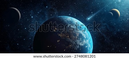 Futuristic view of Earth from space surrounded by distant planets, stars and a glowing comet crossing the galaxy. The illuminated side of the planet reveals continents and city lights while the deep cosmic background shows a vast universe with celestial bodies, representing space exploration, astronomy and the mystery of the cosmos. Elements of this image furnished by NASA