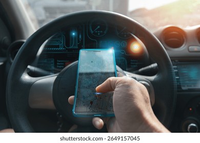 Futuristic view of a person using augmented reality navigation through a transparent smartphone interface inside an electric vehicle, displaying real-time EV dashboard data and map location.