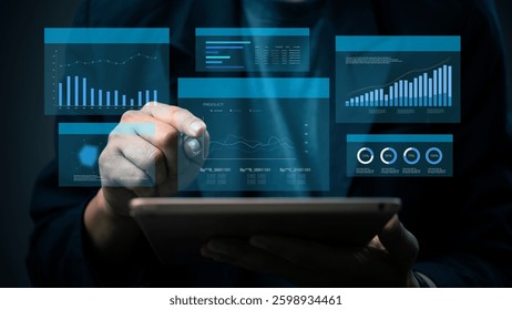 Futuristic virtual dashboard tracking economic trends and financial growth. Business graph and chart intelligence dashboard displaying data analytics. Digital transformation technology