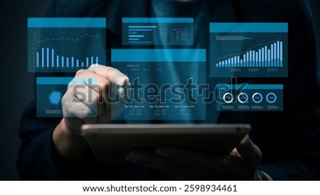 Futuristic virtual dashboard tracking economic trends and financial growth. Business graph and chart intelligence dashboard displaying data analytics. Digital transformation technology