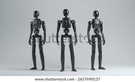 Futuristic Visualization of Group of Advanced High-Tech Humanoid Robots Standing in Digital Sci-Fi Environment. Artificial Intelligence, Robotics and Automation Concept. Visual Effects Animation.