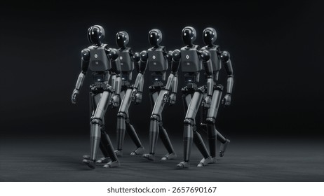 Futuristic Visualization of Group of Advanced Humanoid Robots Marching Together Across Dark Digital Cyberspace. Artificial Intelligence, Robotics and Automation Concept. Visual Effects Animation.