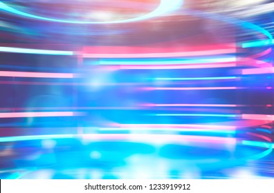 Futuristic vr glasses interface made of blue and red neon lines and blurred background. Concept of hi tech. Toned image double exposure