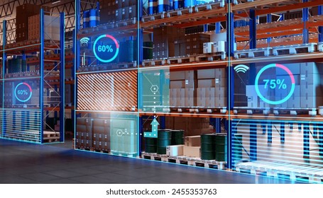 Futuristic warehouse. Retail company storage. Warehouse building with high racks. Virtual screens near storage areas. Numbers show how full warehouse shelves are. Futuristic fulfillment. 3d image - Powered by Shutterstock