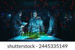 Futuristic Warfare Strategy: Military Intelligence Experts use Holographic Augmented Reality Table Map to Scan Enemy Position. Army Recoinessance Use 3D Surveillance Tech, Data Analysis to Win War