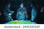 Futuristic Warfare Strategy: Military Intelligence Experts use Holographic Augmented Reality Table Map to Scan Enemy Terrain. Army Recoinessance Use 3D Surveillance Tech, Big Data Analysis to Win War