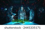 Futuristic Warfare Strategy: Military Intelligence Experts use Holographic Augmented Reality Table Map to Scan Enemy Terrain. Army Recoinessance Use 3D Surveillance Tech, Data Analysis to Win War