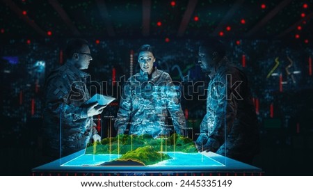 Futuristic Warfare Strategy: Military Intelligence Experts use Holographic Augmented Reality Table Map to Scan Enemy Position. Army Recoinessance Use 3D Surveillance Tech, Data Analysis to Win War