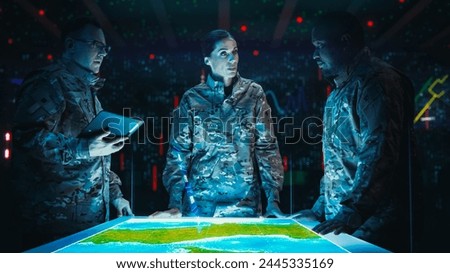 Futuristic Warfare Strategy: Military Intelligence Experts use Holographic Augmented Reality Table Map to Scan Enemy Terrain. Army Recoinessance Use 3D Surveillance Tech, Big Data Analysis to Win War
