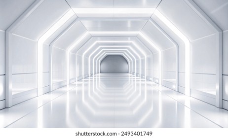 A futuristic white hallway with a glowing light at the end,white hallway with a bright light at the end,Empty white futuristic corridor with a glowing light in the distance - Powered by Shutterstock