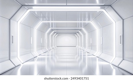 A futuristic white hallway with a glowing light at the end,white hallway with a bright light at the end,Empty white futuristic corridor with a glowing light in the distance - Powered by Shutterstock