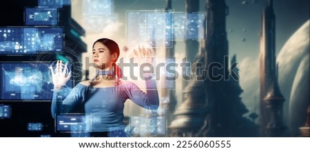Futuristic woman and digital data concept. Wide angle visual for banners or advertisements.