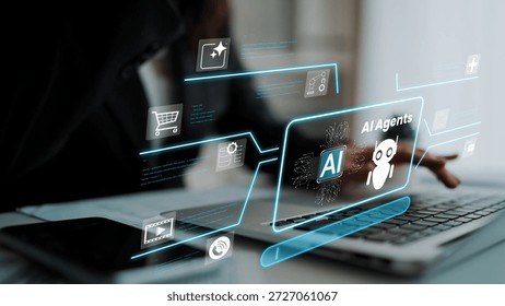 Futuristic Workspace with Artificial Intelligence Agents and Digital Interface for Business Optimization and Technology Innovation in Modern Office Environment Gluon.