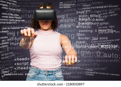 Futuristic Young Woman Coding While Wearing Virtual Reality Glasses And Using The Cyberspace In The Future 