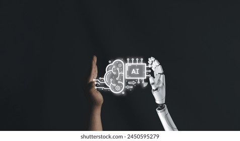Futuristic,Artificial Intelligence(AI),Machine Learning,Robotics,Automation,Digital Transformation,Data Science,Deep learning,Neural Networks concept.,human-Robot Handshake on black background.