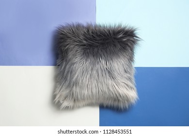 Fuzzy Decorative Pillow On Color Background, Top View