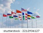 G20 flag summit Silk waving flags countries of members Group of Twenty political 2022 world leaders unity meeting G 20 organization with flagpole on background blue sky with clouds 