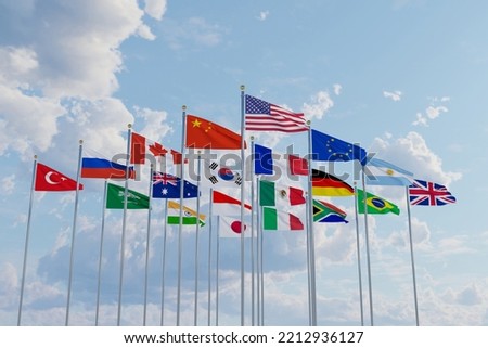 G20 flag summit Silk waving flags countries of members Group of Twenty political 2022 world leaders unity meeting G 20 organization with flagpole on background blue sky with clouds 
