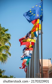G20 summit or meeting concept. A string of G20 flags and a list of countries