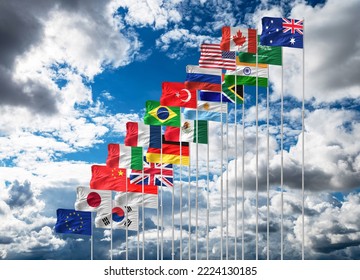 Concepto de cumbre o reunión del G-20. Una cadena de banderas del G20 y una lista de países G20 Presidencia de Indonesia