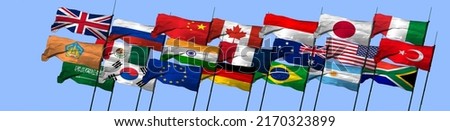 G20 summit or meeting concept. A string of G20 flags and a list of countries G20 Presidency of Indonesia Peace in Ukraine 15 16 June 2024