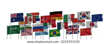 G20 summit or meeting concept. A string of G20 flags and a list of countries G20 Presidency of india