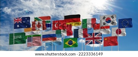 G20 summit or meeting concept. A string of G20 flags and a list of countries G20 Presidency of india