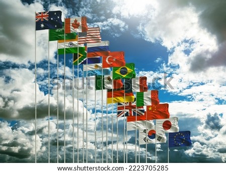 G20 summit or meeting concept. A string of G20 flags and a list of countries G20 Presidency of Indonesia