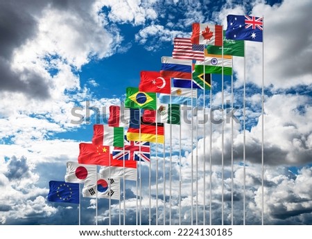 G20 summit or meeting concept. A string of G20 flags and a list of countries G20 Presidency of India