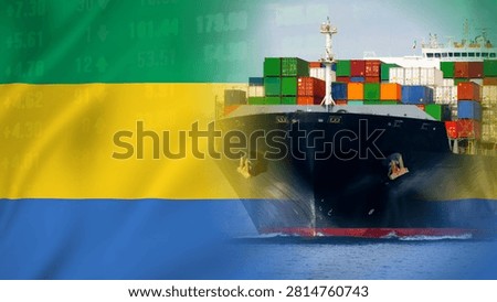 The Gabonese flag, a large container ship, and market data illustrate Gabon's maritime trade, import and export industry, freight transportation, and economic growth indicators.