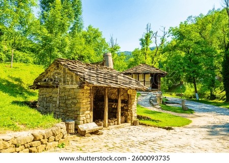 Gabrovo,Etara,Bulgaria-July 7th 2015: outdoor museum to desplay the architecture and lifestyle of Gabrovo region Street of Balkan buildings with traditional crafts demos, plus historical water mills