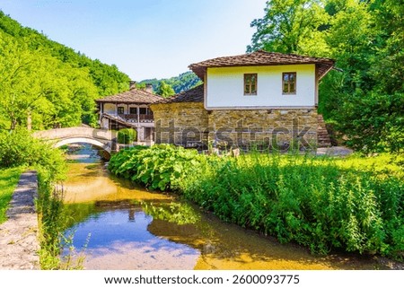 Gabrovo,Etara,Bulgaria-July 7th 2015: outdoor museum to desplay the architecture and lifestyle of Gabrovo region Street of Balkan buildings with traditional crafts demos, plus historical water mills