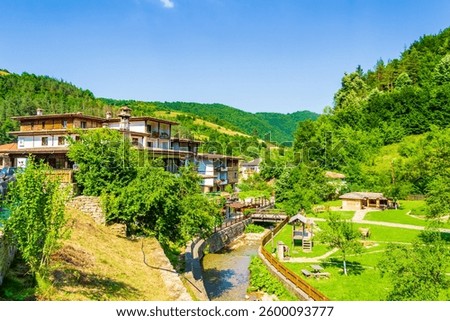 Gabrovo,Etara,Bulgaria-July 7th 2015: outdoor museum to desplay the architecture and lifestyle of Gabrovo region Street of Balkan buildings with traditional crafts demos, plus historical water mills