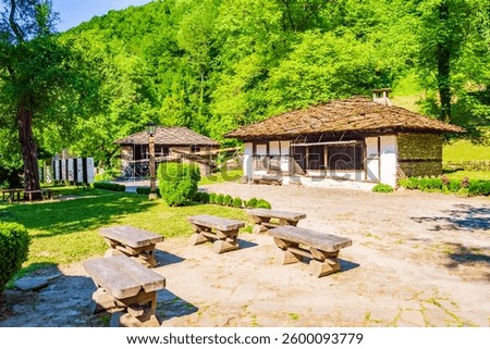 Gabrovo,Etara,Bulgaria-July 7th 2015: outdoor museum to desplay the architecture and lifestyle of Gabrovo region Street of Balkan buildings with traditional crafts demos, plus historical water mills
