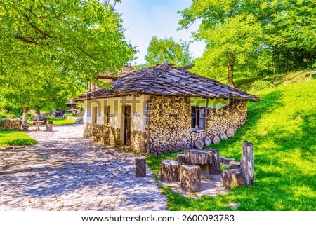 Gabrovo,Etara,Bulgaria-July 7th 2015: outdoor museum to desplay the architecture and lifestyle of Gabrovo region Street of Balkan buildings with traditional crafts demos, plus historical water mills