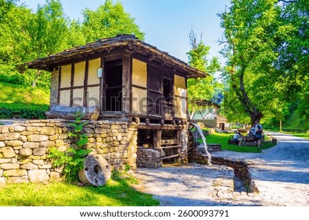 Gabrovo,Etara,Bulgaria-July 7th 2015: outdoor museum to desplay the architecture and lifestyle of Gabrovo region Street of Balkan buildings with traditional crafts demos, plus historical water mills