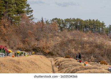 Gadeok-myeon, South Korea; January 26, 2020: Family Members Visiting Grave Of Lost Loved One At Maehwa Park Cemetery On Winter Day. For Editorial Use Only.