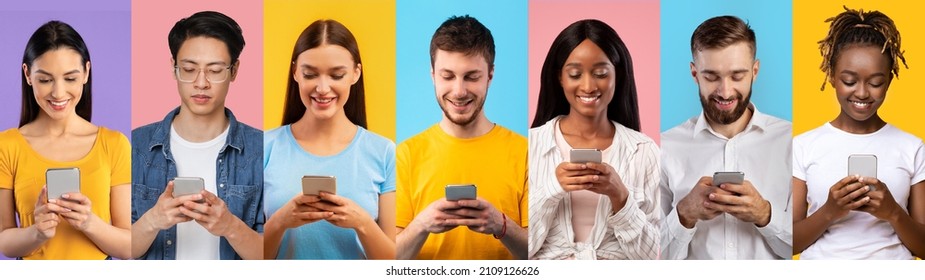 Gadget, cellphone addiction concept. Cheerful millennials men and women various nationalities using mobile apps on modern smartphones, set of photos on colorful backgrounds, creative image - Shutterstock ID 2109126626