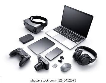 Gadgets and accessories isolated on white background