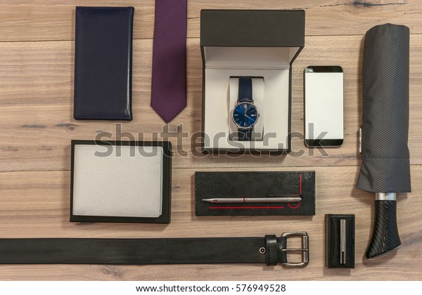 Gadgets Accessories Men On Wooden Background Stock Photo Edit Now