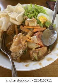 gado-gado or an Indonesian salad of slightly boiled, blanched or steamed vegetables and hard-boiled eggs, fried tofu and tempeh, served with a peanut sauce dressing as topping. - Shutterstock ID 2254155911