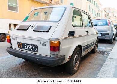 Gaeta, Italy - August 22, 2015: Old light gray Fiat 126, Type 126 is a small city car