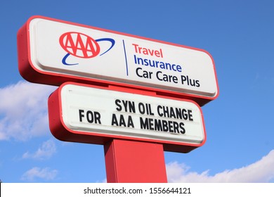 Gahanna, Ohio-USA November 4, 2019:
Triple AAA Car Care Plus Facility Provides Car Maintenance, Travel Assistance And Insurance Services To Members.